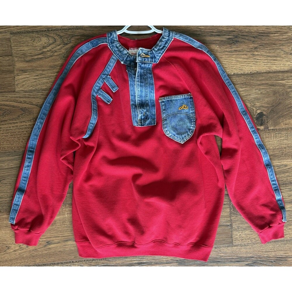 Vintage Upcycled Chic Jeans Sweatshirt Red Denim Trim Made in USA 80s 90s XL